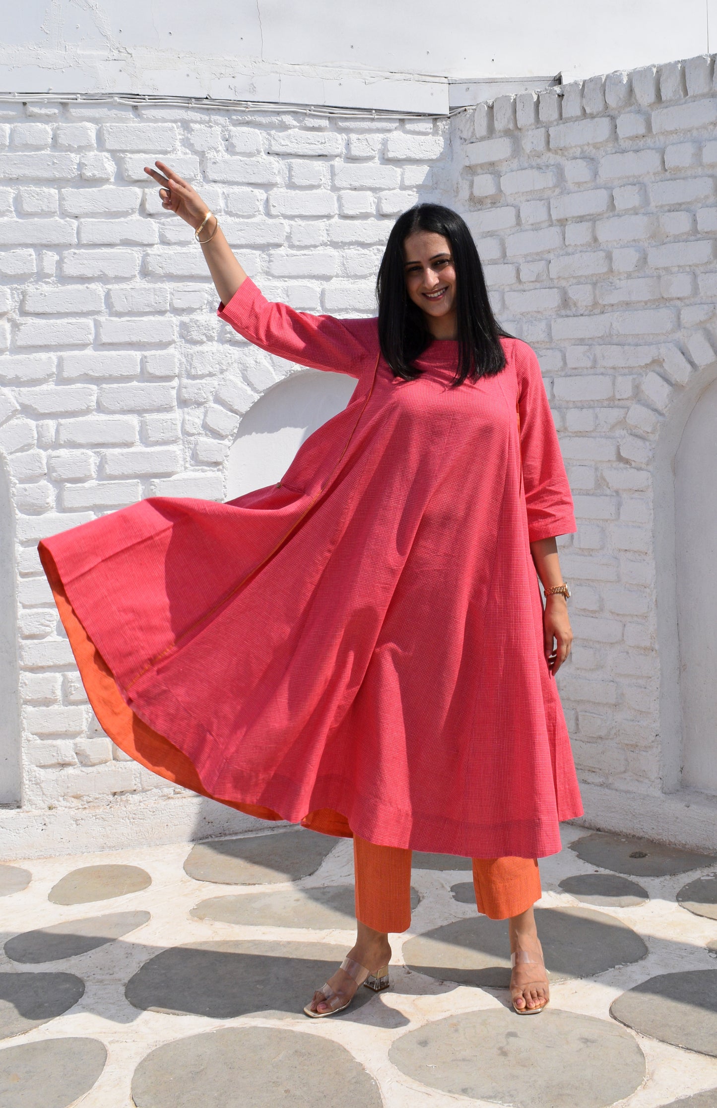 Pink Flared Kurta in handwoven checks