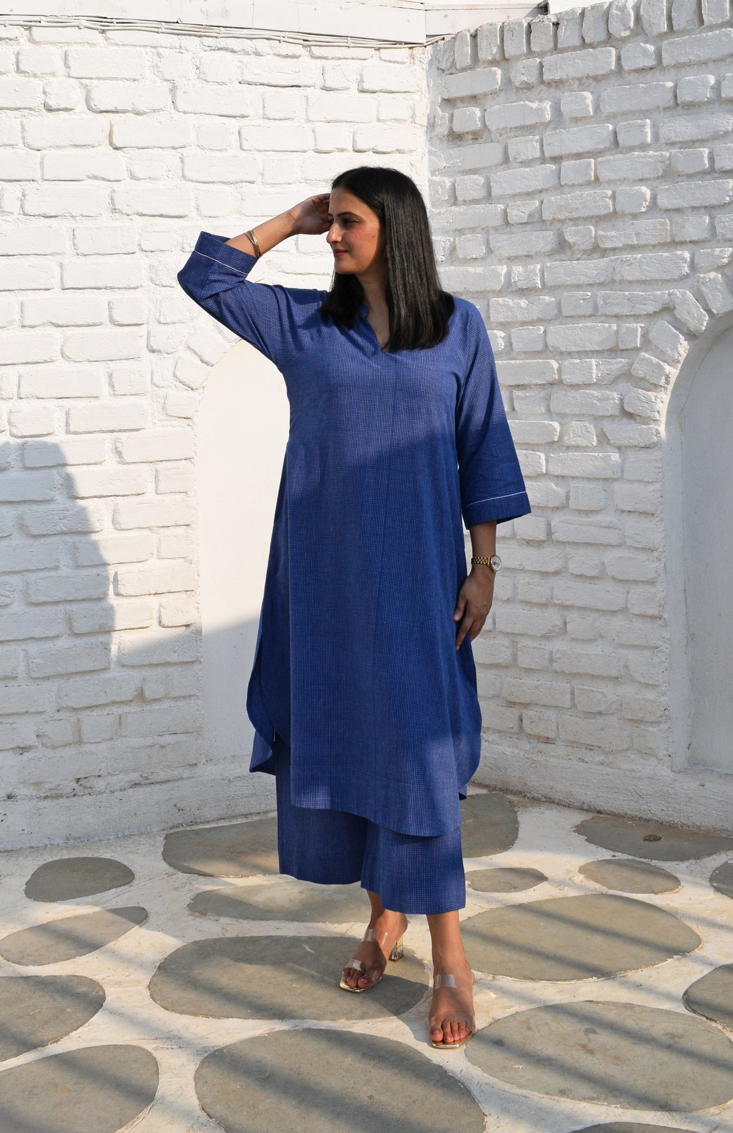Blue Kurta set with Raglan sleeve and Wide-legged Pyjama in Handwoven Checks