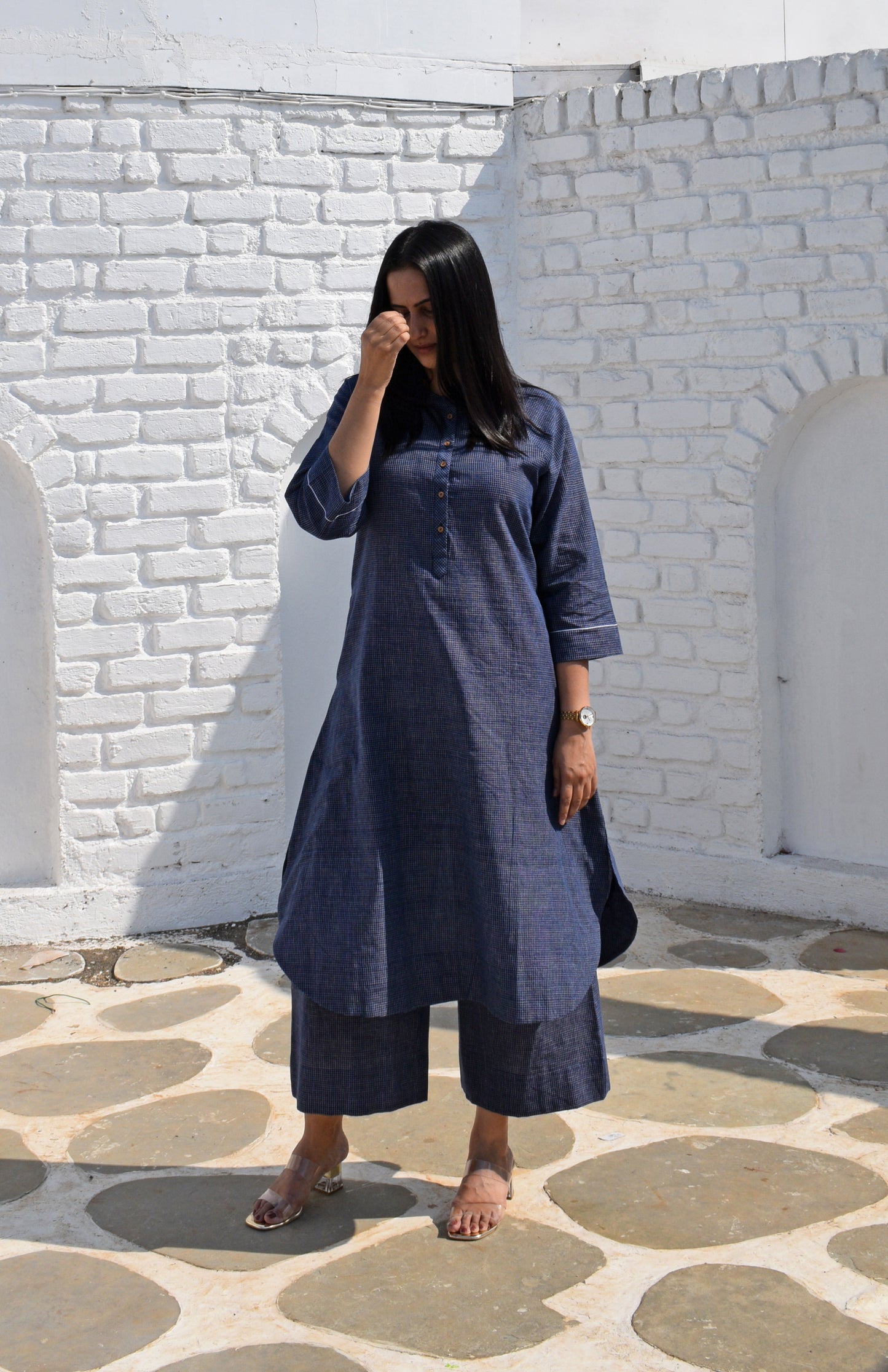 Dark Blue Kurta with Raglan sleeve & Placket and Wide-legged Pyjama in Handwoven Checks