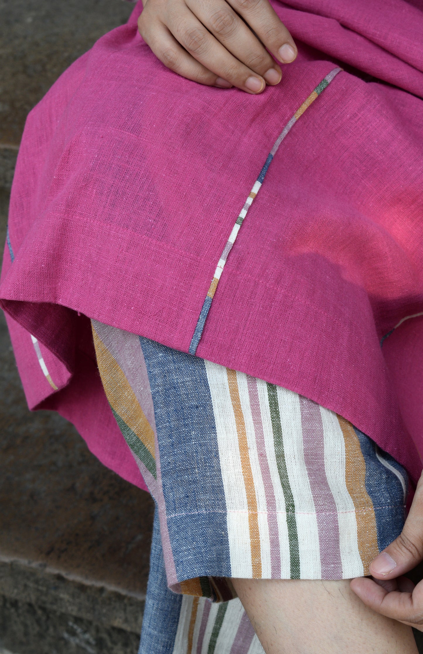 Orchid pink Kala cotton Phiran with V neck and Signature striped trousers