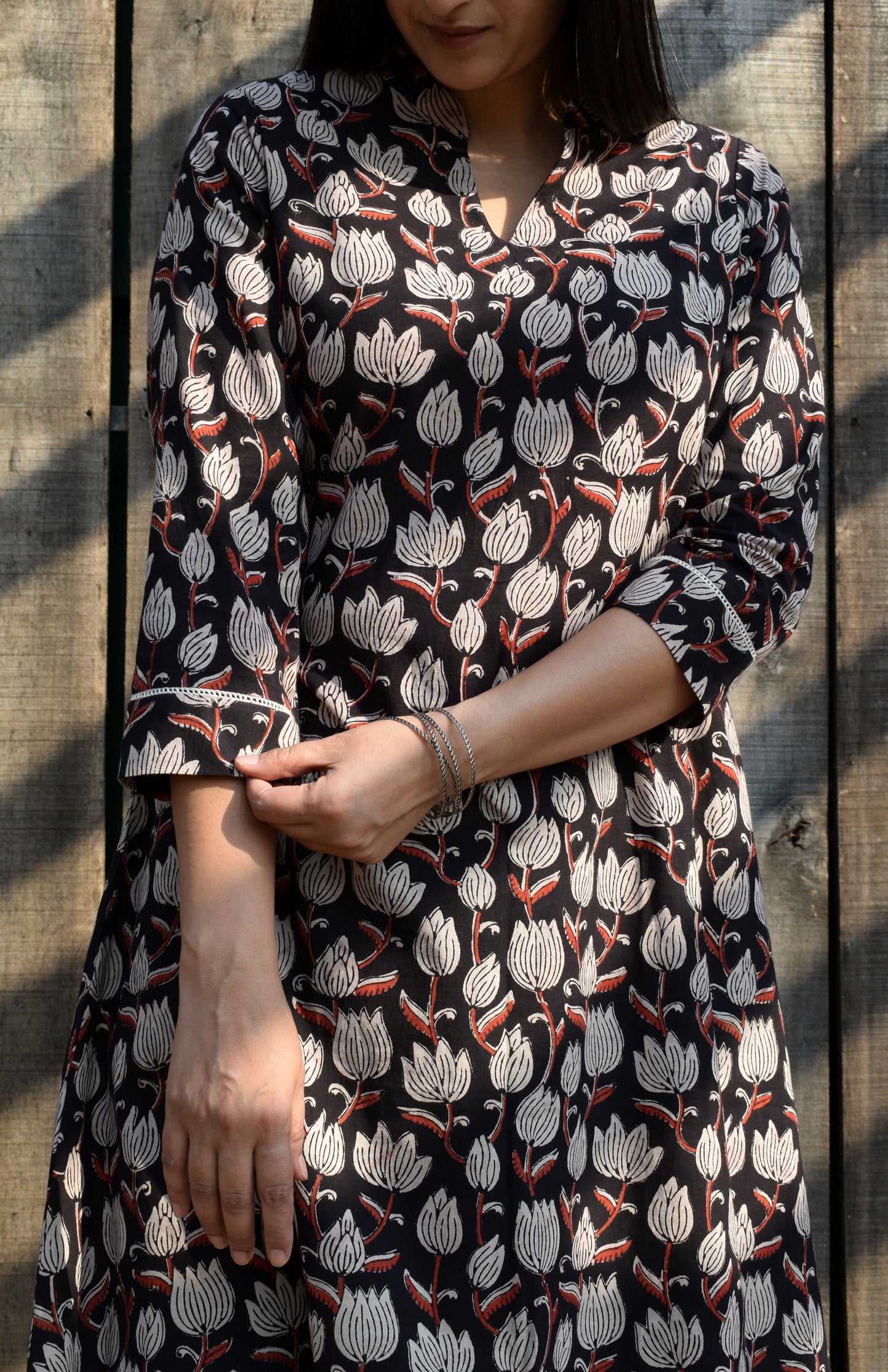 Black Block Printed Cotton Kurta with collar