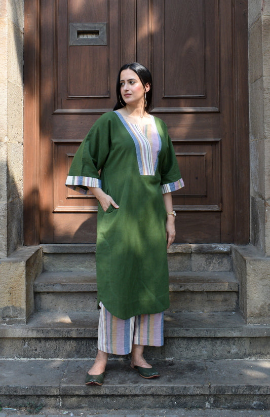 Olive anti-fit Choga with Overlapping Yoke and Striped trousers