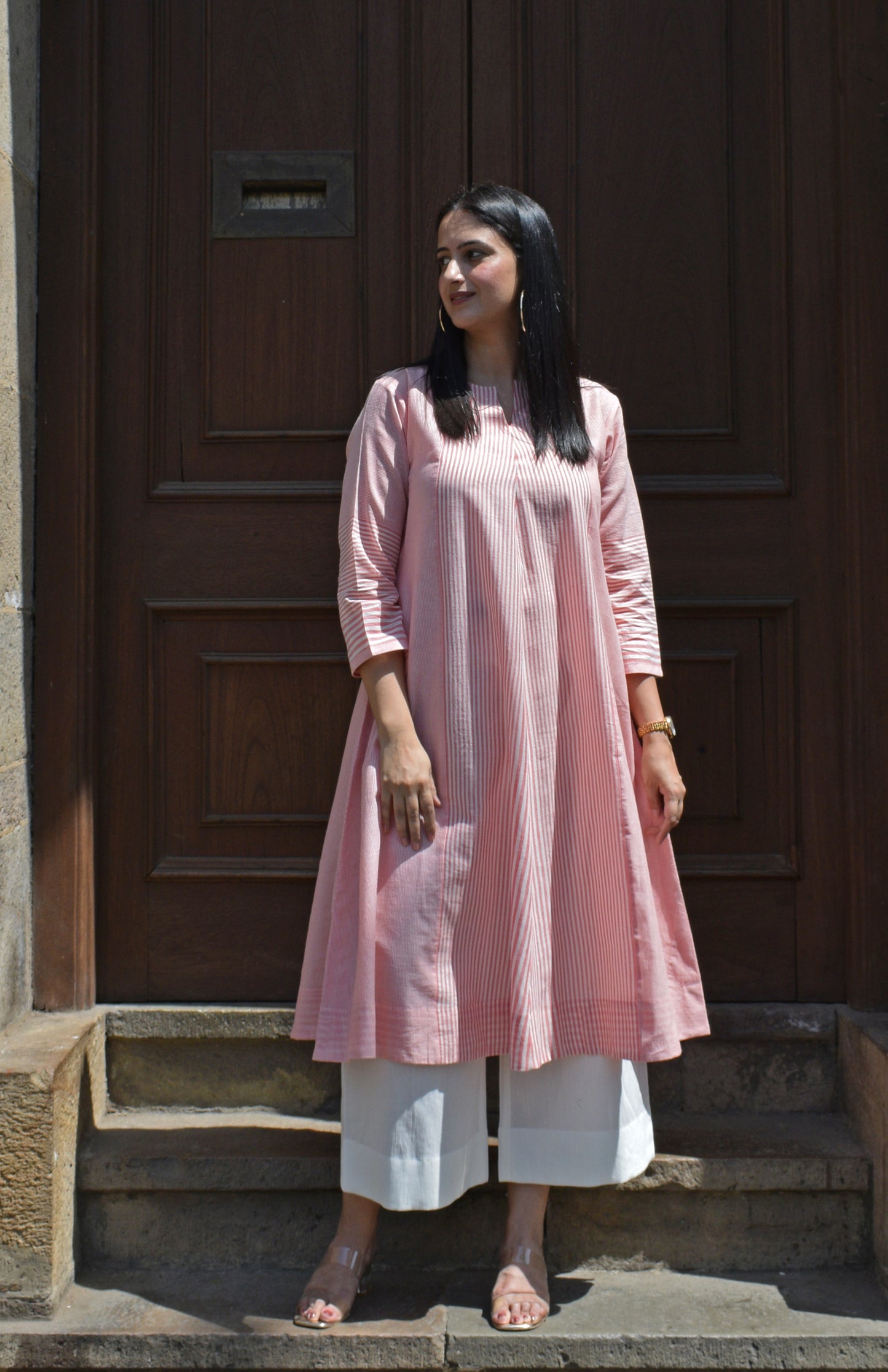 Coral Stripe Bias Paneled kurta in Handwoven cotton