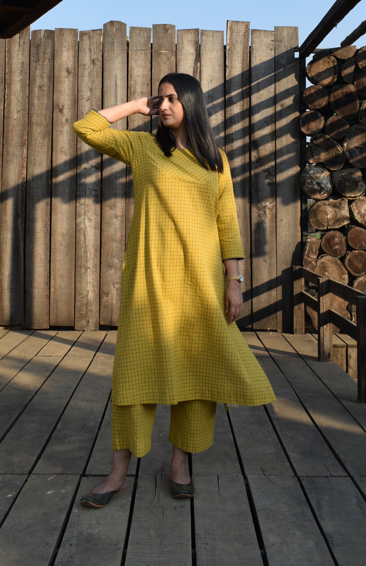 Yellow handwoven checks kurta set with yoke and pyjama