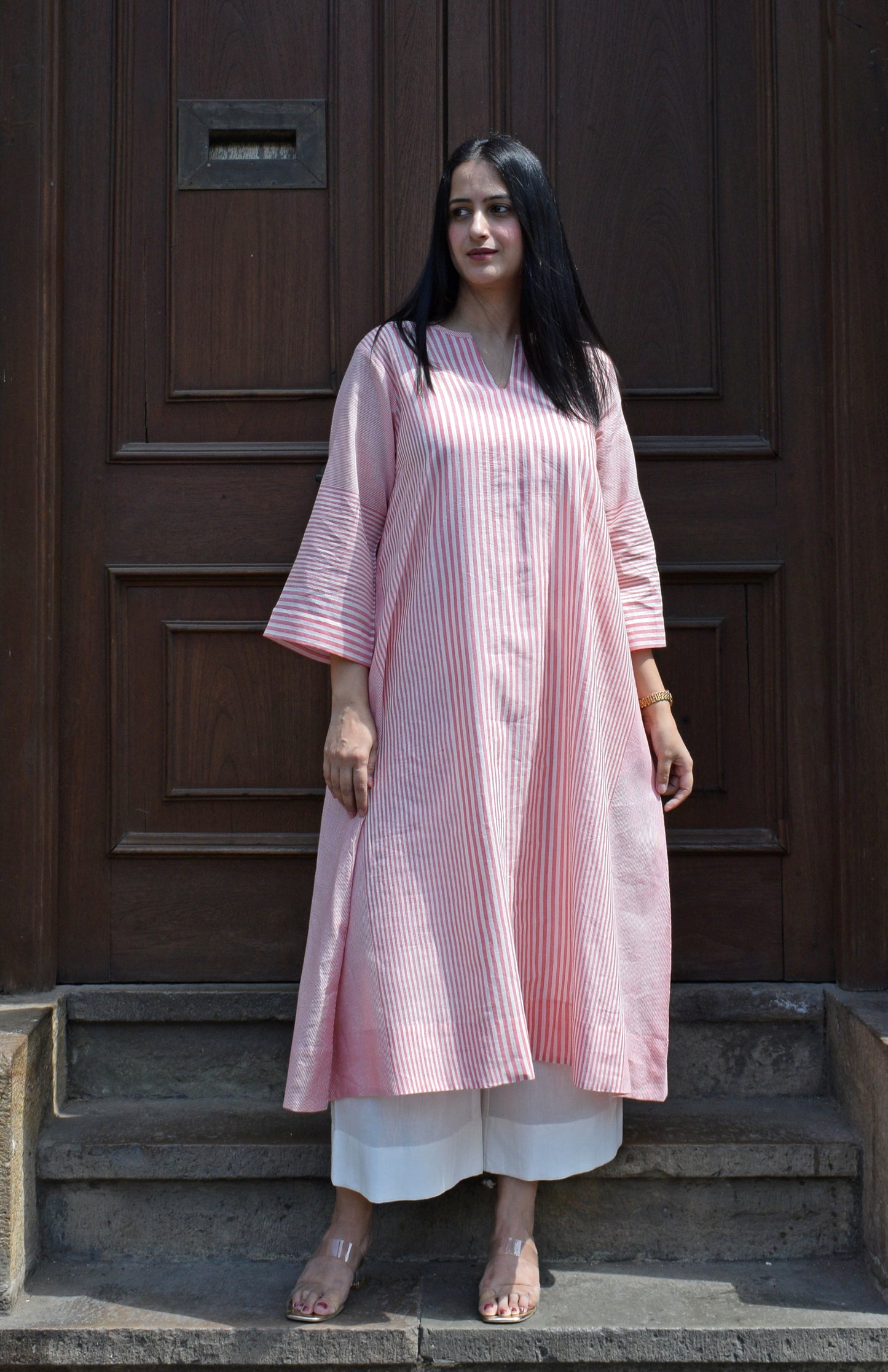 Coral Stripe A line kurta in Handwoven cotton