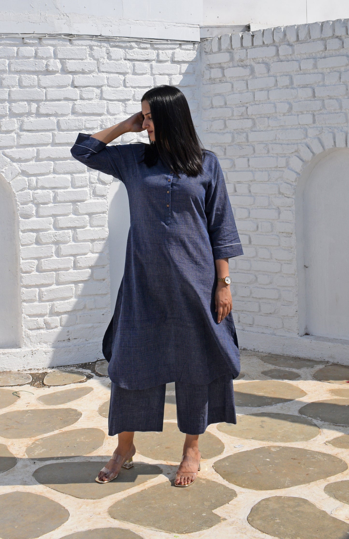 Dark Blue Kurta with Raglan sleeve & Placket and Wide-legged Pyjama in Handwoven Checks