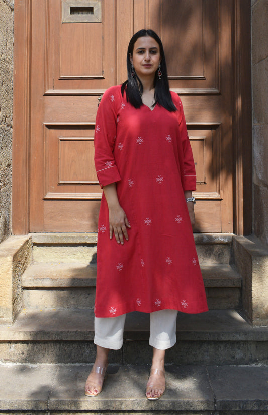 Red A line kala cotton kurta with V neck and ivory trousers