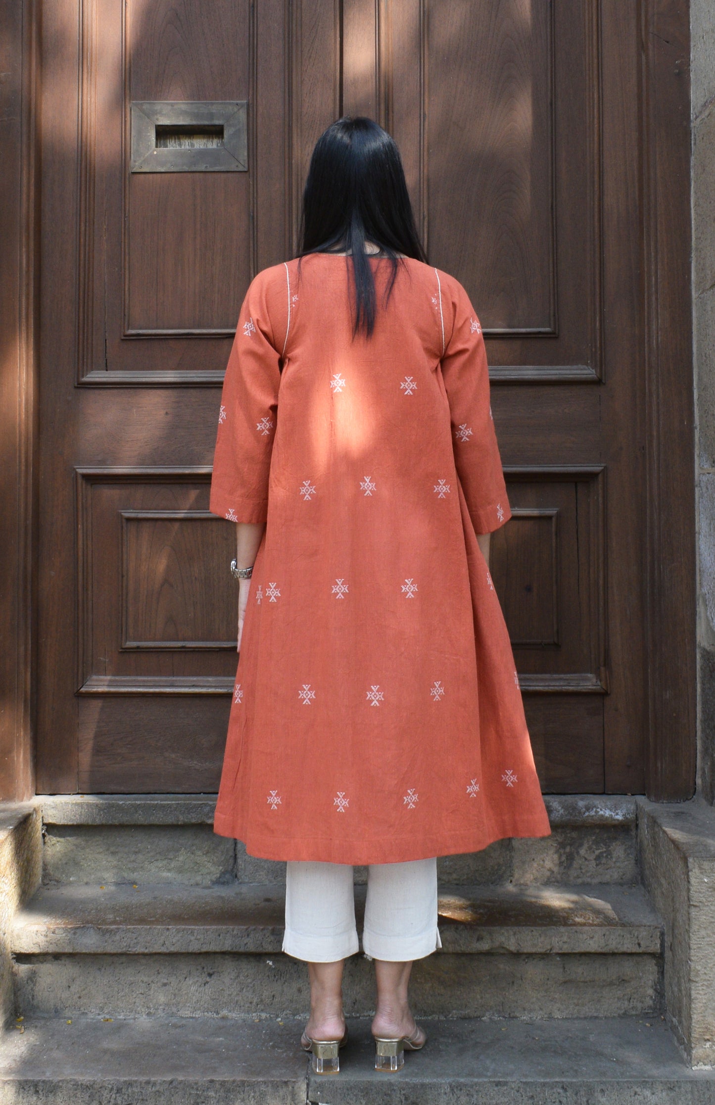 Rust orange kala cotton kurta with side gathers and trousers