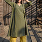 Olive Kala cotton Phiran with V neck and yellow checks pyjama