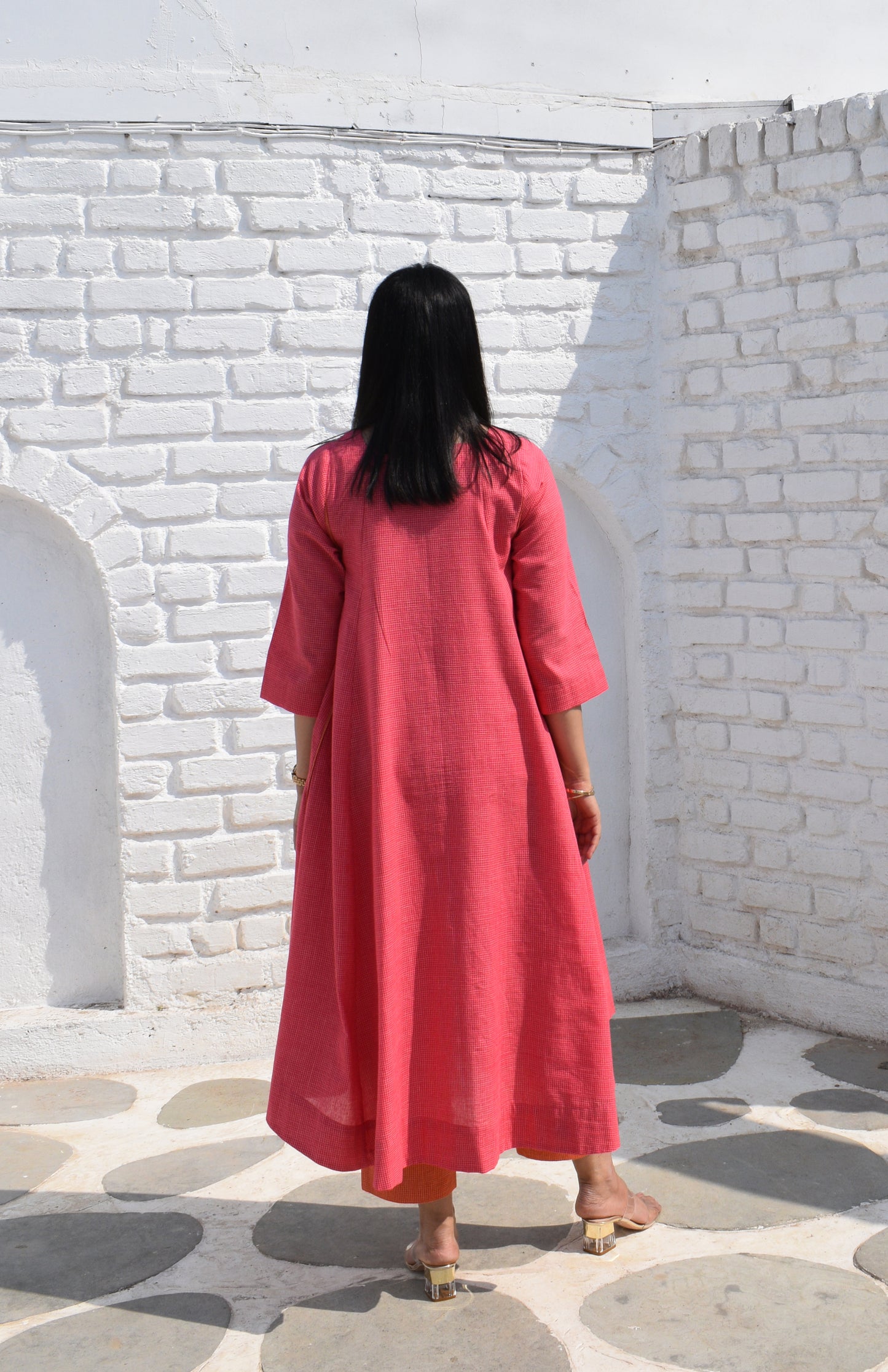 Pink Flared Kurta in handwoven checks