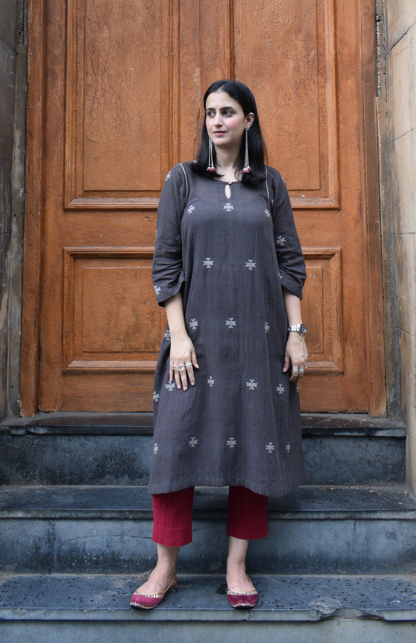Charcoal kala cotton kurta with side gathers and scarlet trousers