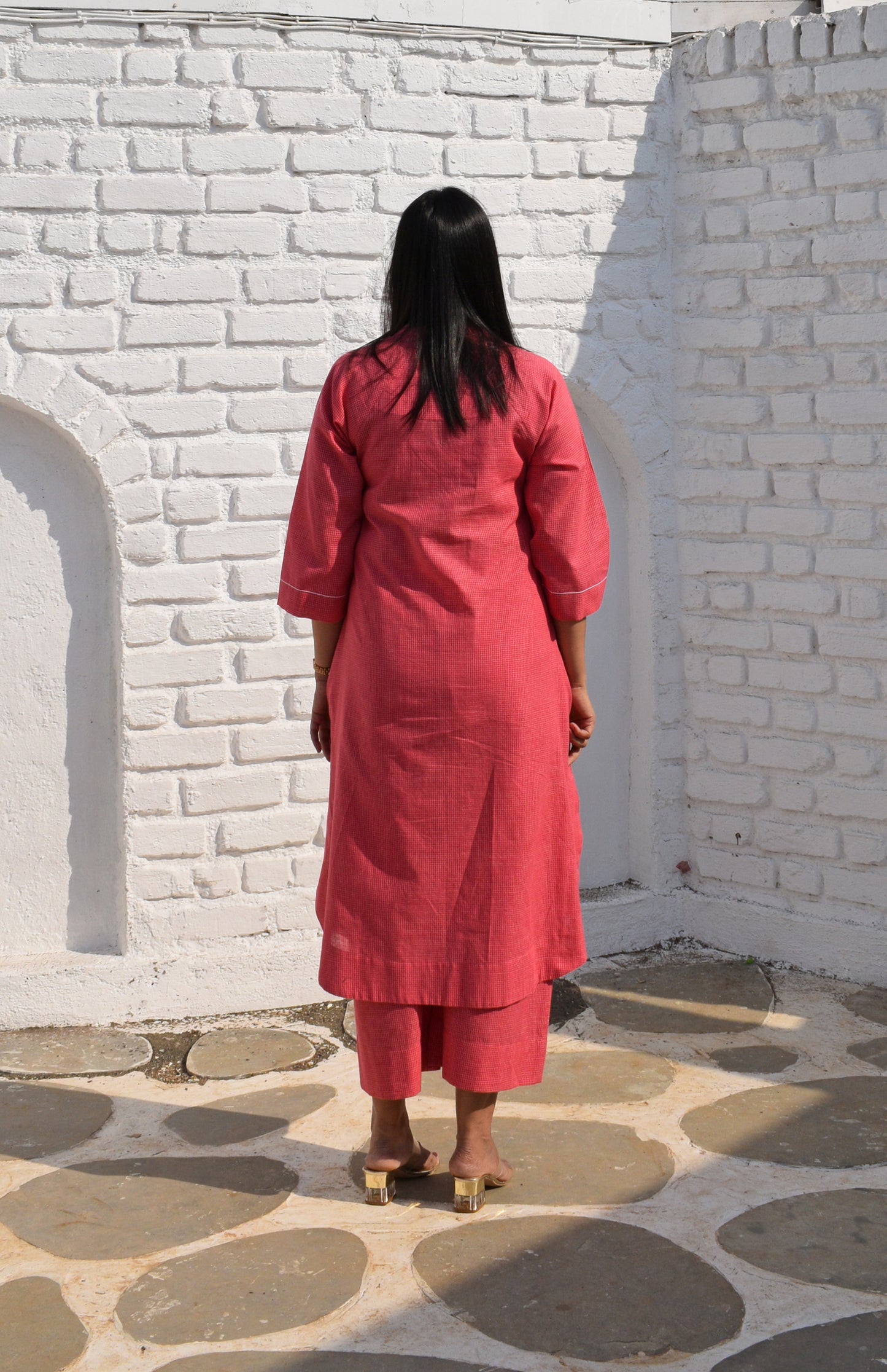 Pink Kurta set with Raglan sleeve and Wide-legged Pyjama in Handwoven Checks