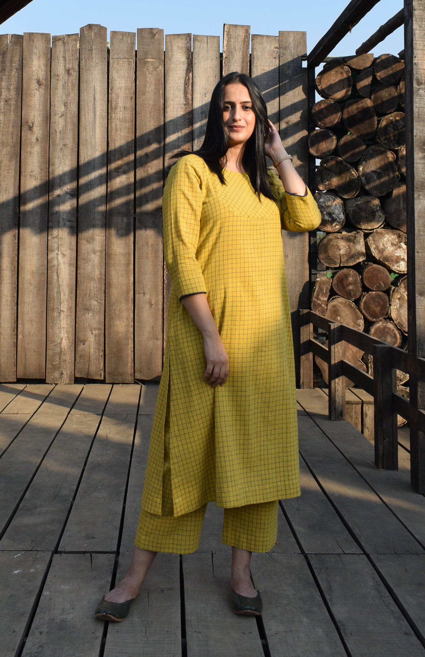 Yellow handwoven checks kurta set with yoke and pyjama