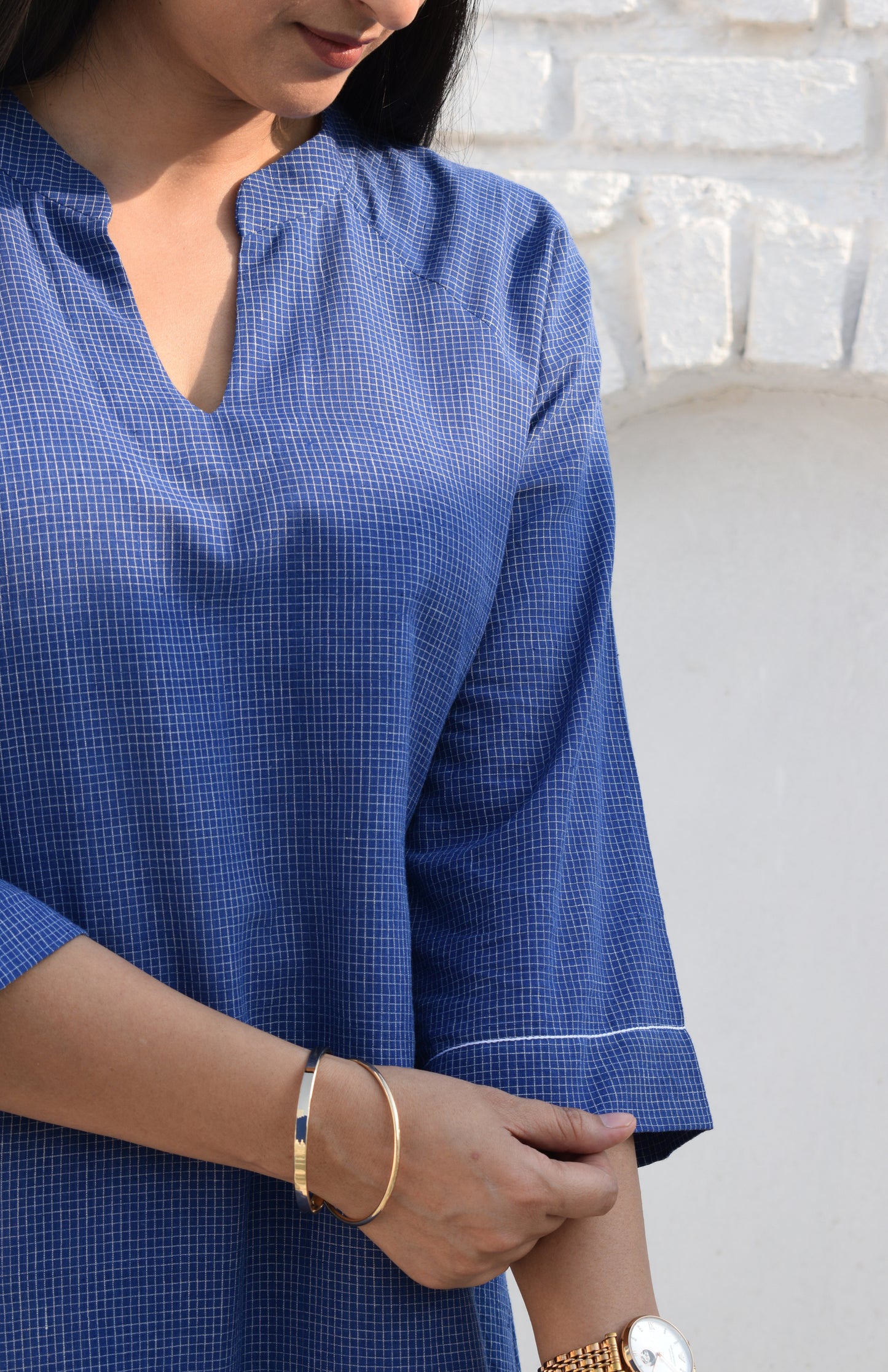 Blue Kurta with Raglan sleeve in Handwoven Checks