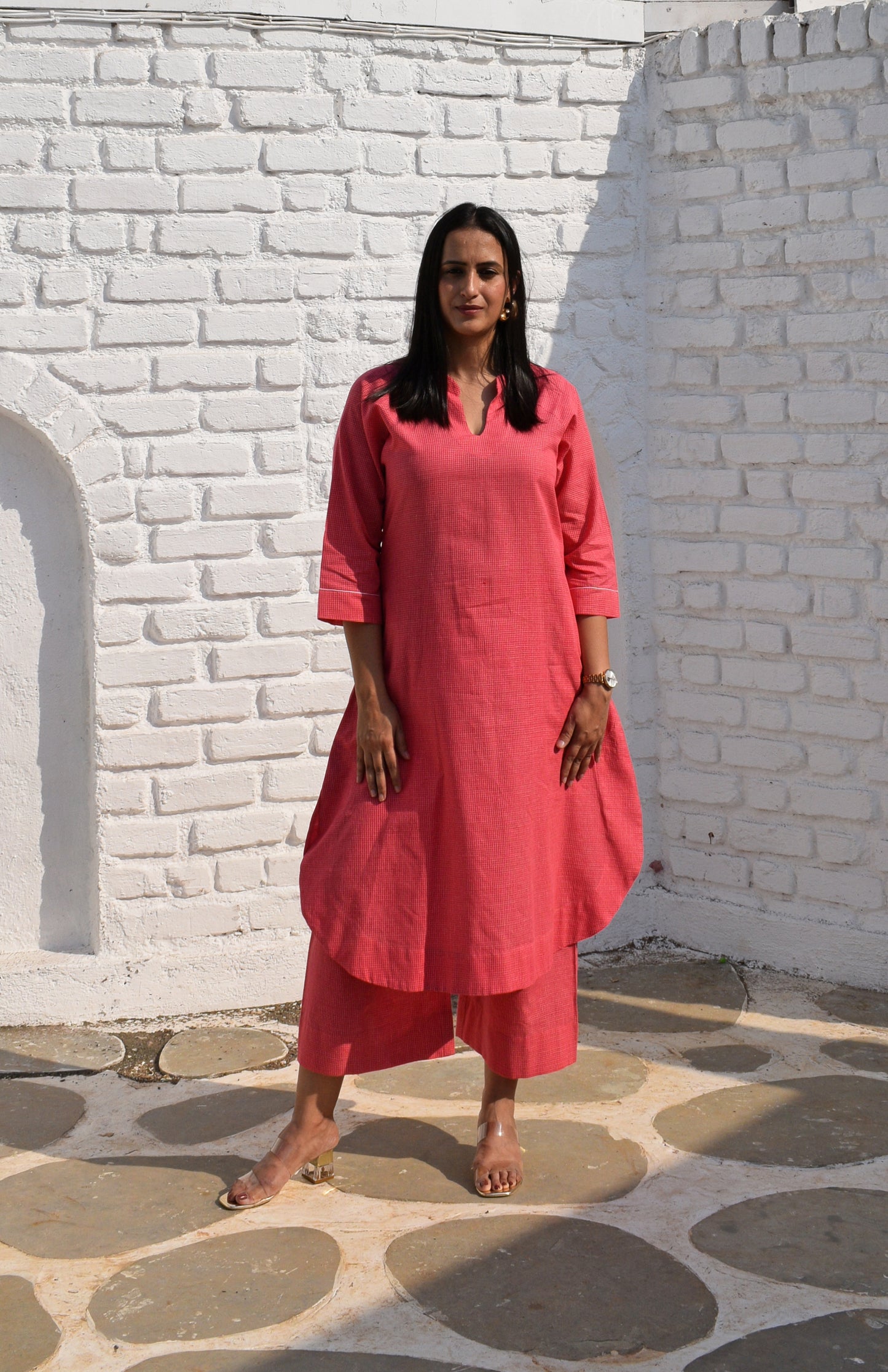 Pink Kurta set with Raglan sleeve and Wide-legged Pyjama in Handwoven Checks