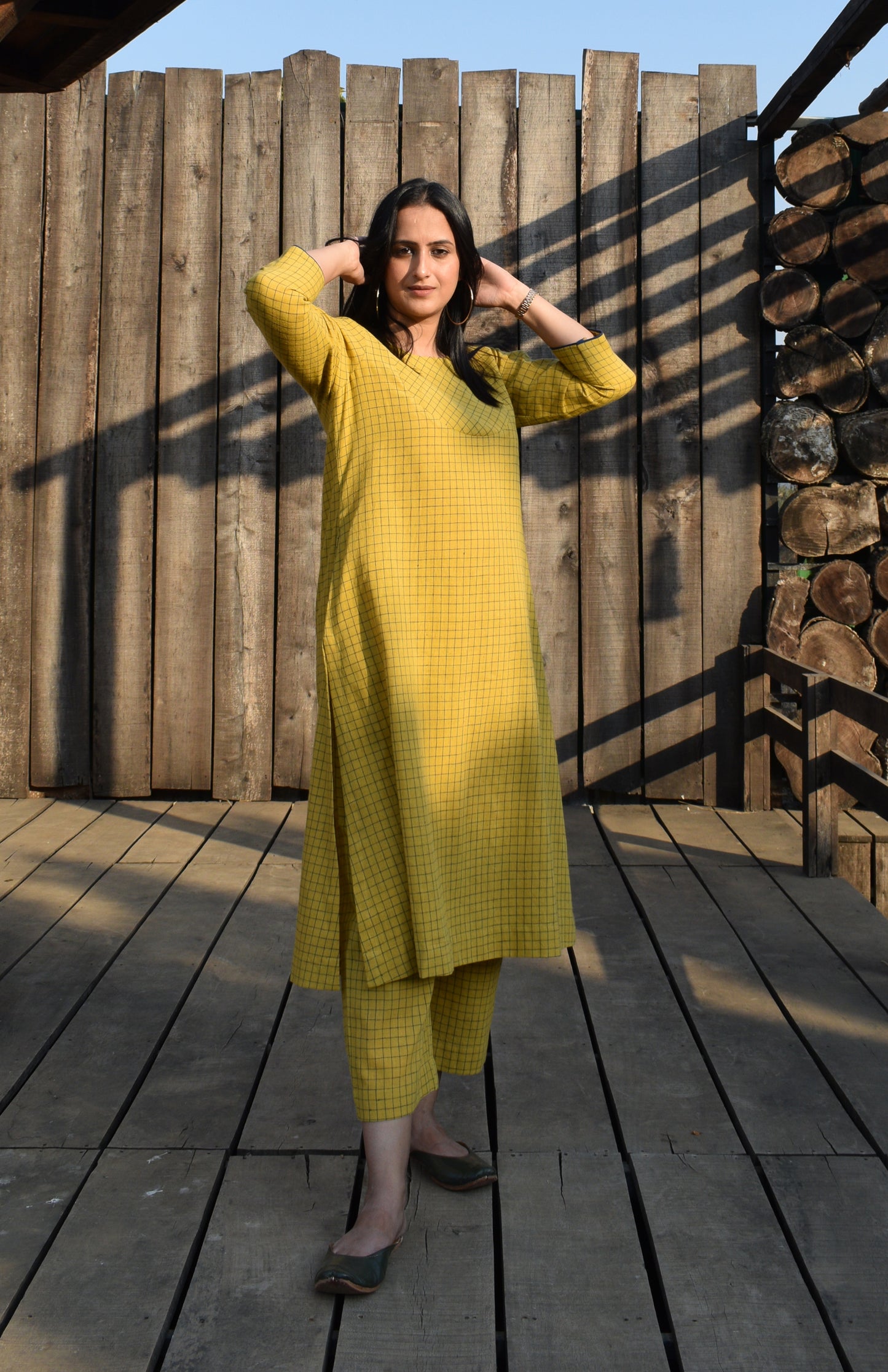 Yellow handwoven checks kurta set with yoke and pyjama