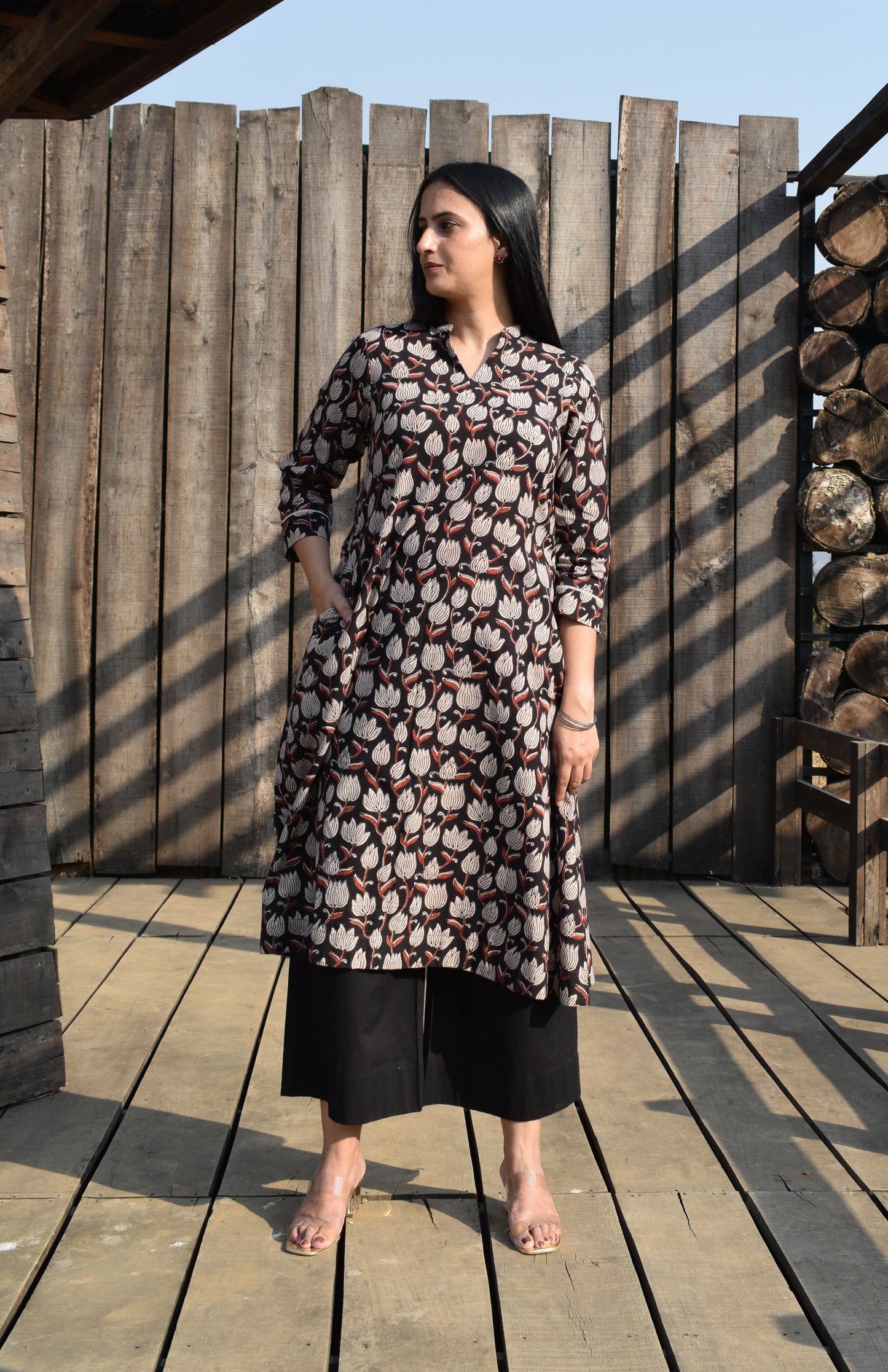 Black Block Printed Cotton Kurta with collar