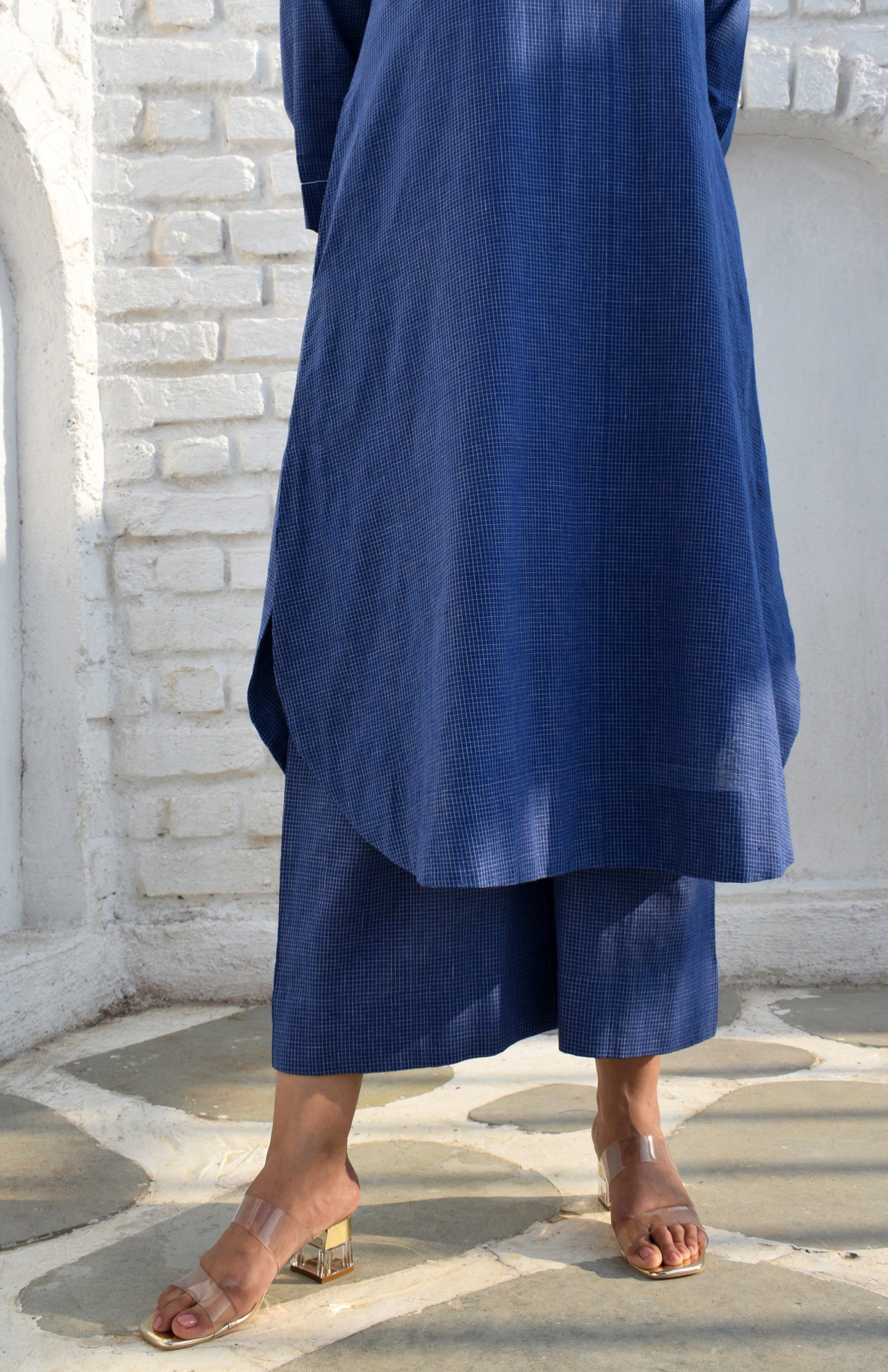 Blue Kurta set with Raglan sleeve and Wide-legged Pyjama in Handwoven Checks