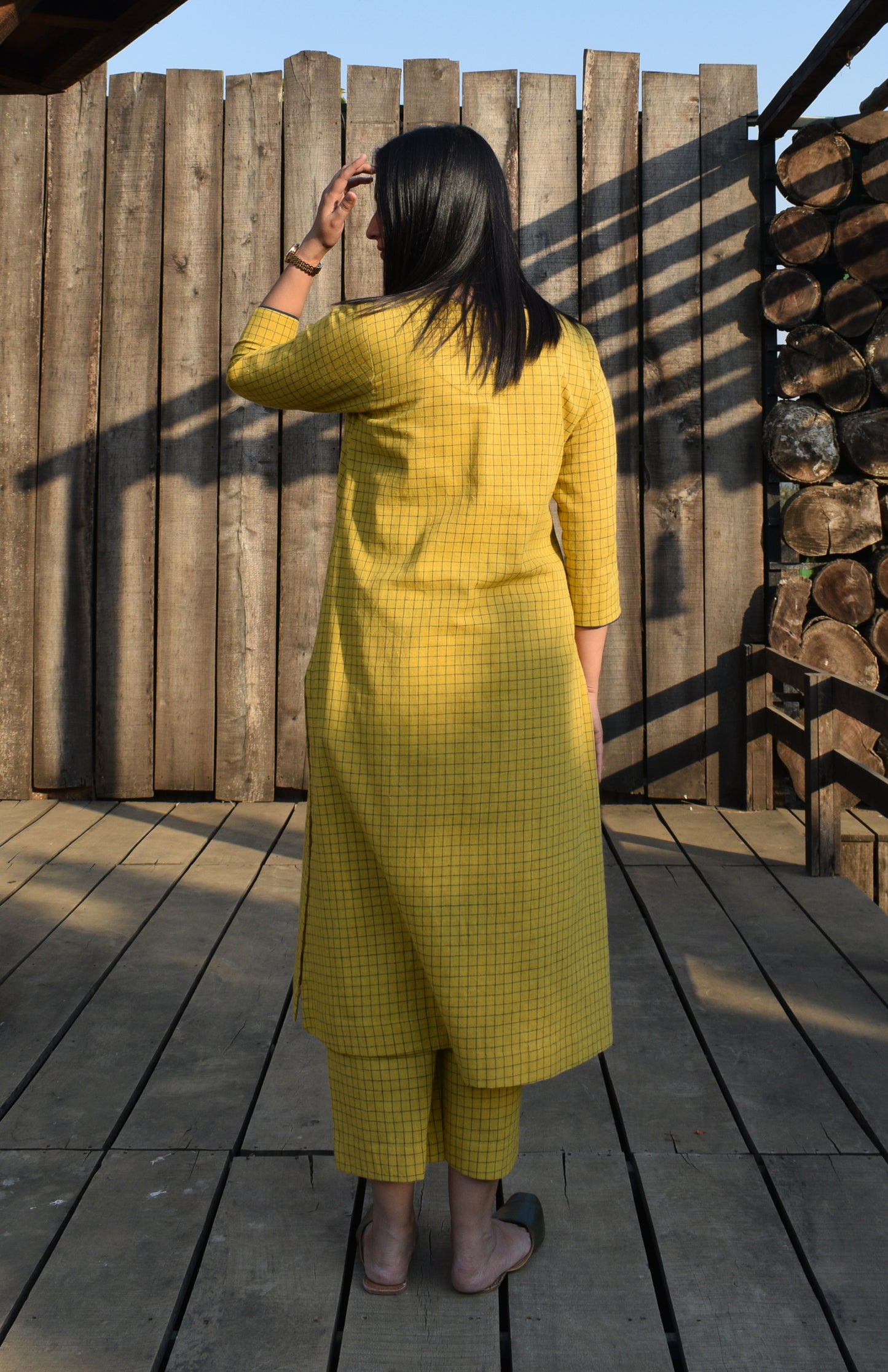 Yellow handwoven checks kurta set with yoke and pyjama