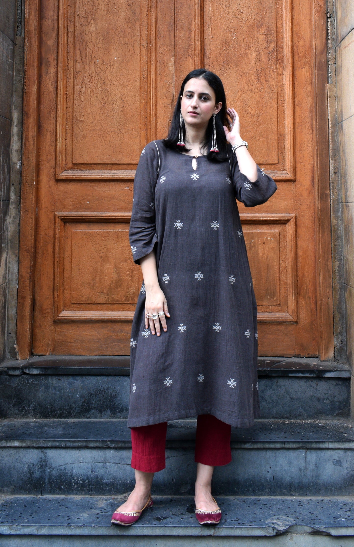 Charcoal kala cotton kurta with side gathers and scarlet trousers