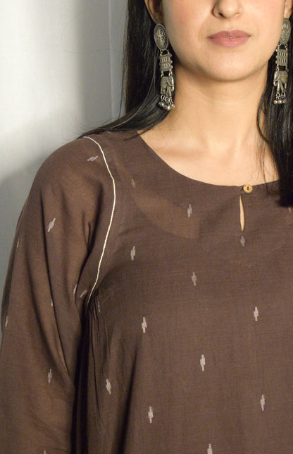 Brown Jamdani kurta with side gathers