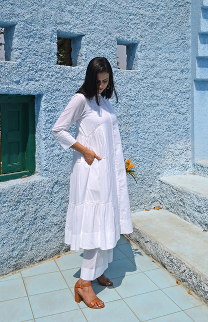 Sunkissed white kurta with side gathers and pyjama